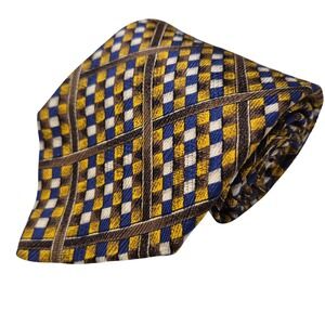 Ermenegildo Zegna Tie Men Gold Blue White Brown Geometric Check Silk Italy